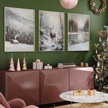 3pcs, Unframed, Vintage Moody Winter Landscape Oil Painting Prints, Snowy Forest Wall Art, Country Farmhouse Decor, Christmas Decor, Winter Posters, Canvas Art For Living Room, Bedroom, Kitchen, Home Office, Cafe, Bar, Dorm, Hallway, Home And Room Decoration Home Decor Christmas Decorations