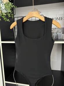 ELLIE Women's Suplex Bodysuit With Square Neckline And Thin Straps - Black - View 3