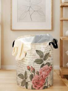 1pc Cartoon Flower Pattern Foldable Round Storage Basket With Handle, Large Capacity Multi-Purpose Storage Bin For Nursery, Baby Diaper, Clothes, Toys Organization - Multicolor - View 4