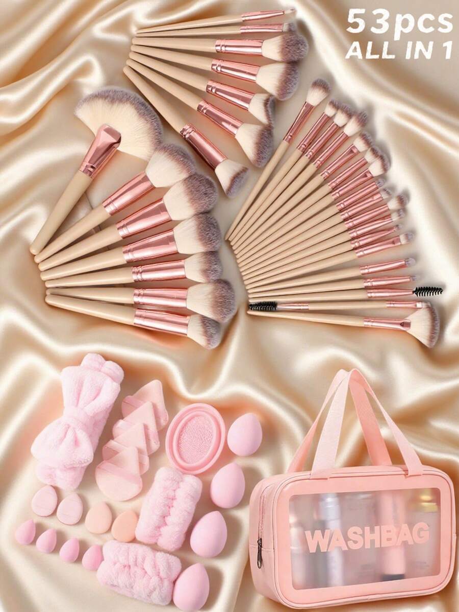 53 Peças Conjunto Combinado de 32 Peças de Pincéis de Maquiagem e Esponjas de Maquiagem, 1 Peça Bolsa de Higiene Pessoal para Viagem para Mulheres, 1 Peça Faixa de Cabelo Tipo Laço Spa e 2 Peças Conjunto de Pulseiras, Pufes de Maquiagem para Base, Pó, Almofada de Ar para Líquido, Creme e Pó - Escovação, Mistura e Pincéis para Rosto
