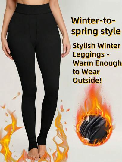 1pc Women's Autumn/Winter Thermal Lined Tight Leggings, High Waist Slimming Stirrup Thermal Pants, Casual Daily Wear