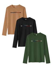 3 件装男士休闲日常简约字母印花长袖 T 恤，秋季 - 彩色 - 查看 2