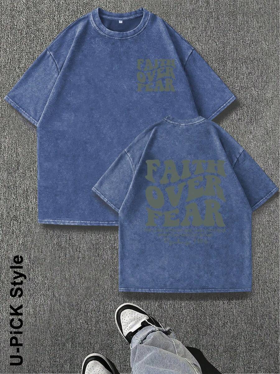 "FAITH OVER FEAR" Creative Pattern Printing Heavy 230g Pure Cotton T Shirt, Washed T-Shirt Men's Vintage T Shirts Basic T-Shirt Loose Hip-Hop Unisex Top Acid Wash T-Shirt - 藍色 - 查看 1