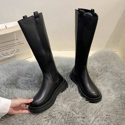Women's Equestrian Boots Autumn Winter, Chunky Platform Heel Knee High Boots Thin With Fleece Lining