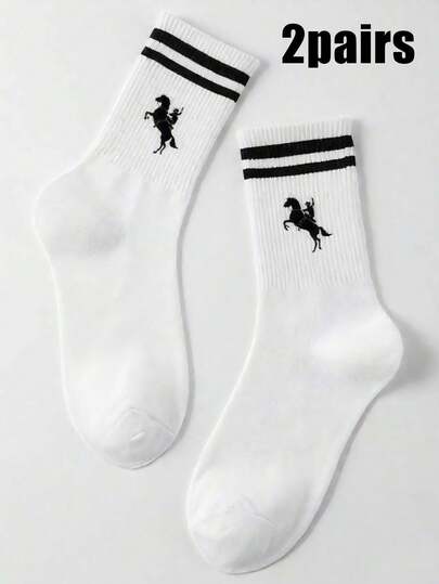 两双男女通用条纹中筒袜，柔软舒适，马匹图案休闲运动袜，适合日常穿着或户外活动，四季皆宜的圣诞礼物