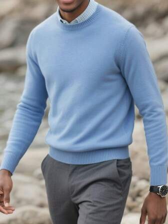 Pull col rond casual polyvalent à manches longues de couleur unie pour homme, pour l'automne et l'hiver