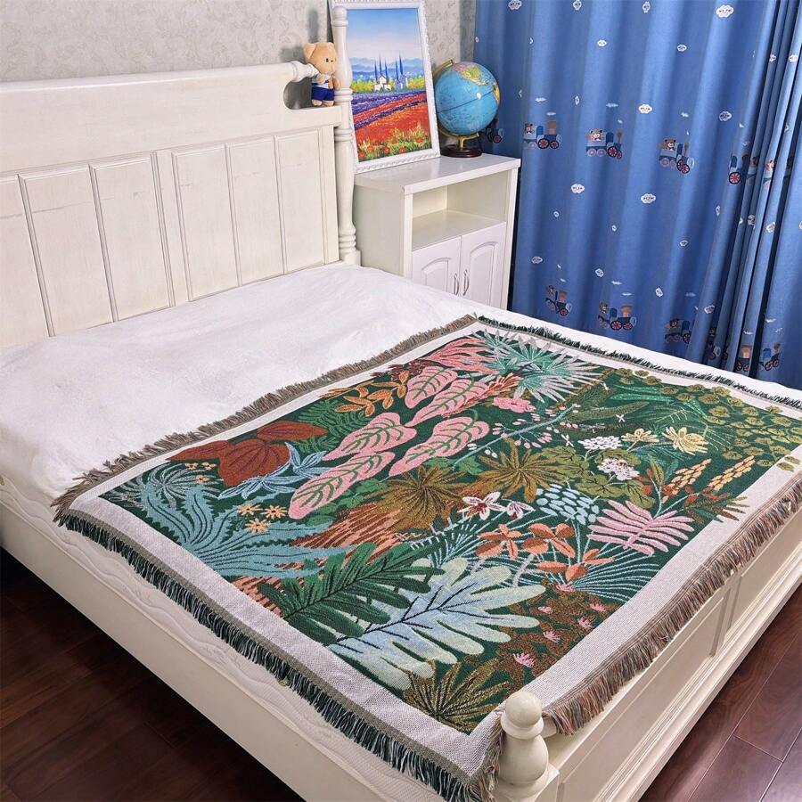 1 pătură cu ciucuri jacquard cu model tropical, boem, versatilă pentru toate anotimpurile, potrivită pentru camping, canapea, birou, dormitor și living