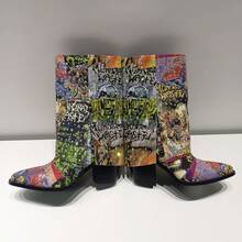One - Of - A - Kind! Punk Western Cowboy Women's Boots With Rhinestones & Random Graffiti Mix | Denim Fabric, Sturdy Sole, Comfy Insole | For Concerts, Festivals, Shopping & Parties, All - Season - 彩色 - 查看 4