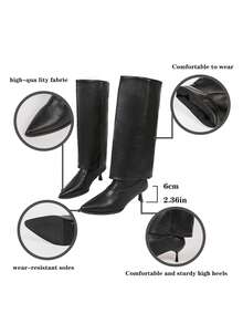 女士高跟靴、尖头小猫跟坡跟靴、性感裤靴、叠跟及膝靴、复古过膝靴、时尚西部靴 - 黑色 - 查看 4