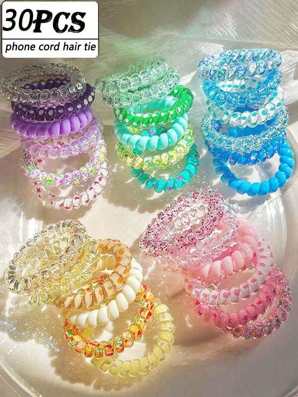 30PCS Dopamine Elastic Headband, Cute, Sweet And Fresh High-End Telephone Line Hair Accessories, Fun Pattern Design, Sweet And Fresh Spiral Headband, Casual Women's Hair Accessories, Gifts, Photography Props, Ponytail Acrylic Seamless Elastic Headband. (Color Random) Suitable For Mother's Day, Christmas, Halloween, Ladies' Gifts, Graduation Ceremonies, Bathroom Home Decoration, Autumn Decoration Hair Buns, Suitable For Daily Wear