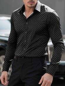 男士休闲/正式“W”印花衬衫，适合派对、晚宴、商务场合——秋季男士必备礼物。 - 黑色 - 查看 10