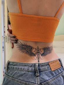 1 Waterproof And Non Reflective Wing Tattoo Sticker, Semi Permanent Plant-Based Temporary Tattoo, Cool Flying Wing, Flower, Chain Pattern, Easy To Play, Suitable For Women's Back And Chest Use, Lasting 7-14 Days, Essential For Party Music Festivals - Blue - View 5