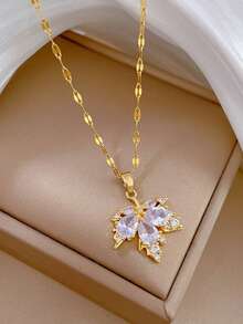 Maple Leaf Jewelry Set, Fashionable Stainless Steel Maple Leaf Necklace And Earrings Set, Luxury Maple Leaf Inlaid Zirconia, Versatile Necklace And Earring Jewelry Set