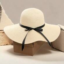 قبعة قش بيج للنساء للربيع والصيف، للعطلات الشاطئية، للظل والحماية من الشمس، ذات حافة كبيرة مع ربطة فيونكة