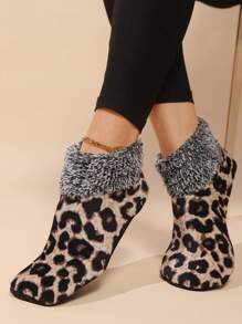 1 Pair Women's Leopard Print Plush Lined Warm Indoor Socks, Thickened Floor Socks/Slippers