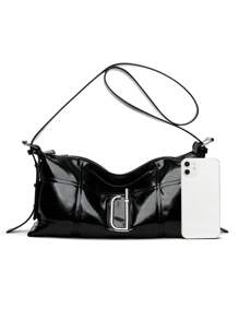 2025新款女士单肩包，独特设计手提包，休闲百搭简约时尚腋下包，舒适PU材质纯色，拉链开合可调节长肩带，容量大，春夏枕头包 - 黑色 - 查看 8