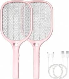 Fly Swatter Racket 3000V Bug Zappers, Mosquito Zappers USB Rechargeable, 1200mAh Mosquitoes Killer Lamp & Fly Zappers With 3 Layer Safety Mesh Home, Bedroom, Kitchen, Patio (2, Pink) - 粉色 - 查看 10