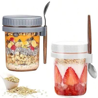 1/2 Stück Glas Overnight Oat Becher mit Deckel und Löffel, 12 Unzen versiegelter Lebensmittel Frühstücksbecher, tragbarer Getreide Milch Salat Joghurt Becher, Behälter für Gemüse und Obst, Schulmaterial für Restaurant/Cafés, Familienessen Zubehör, Party Ausstattung