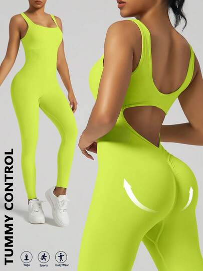 Dam ärmlös rygg djup V-ringad sportjumpsuit, elastisk skönhetsrygg gym träningsjumpsuit