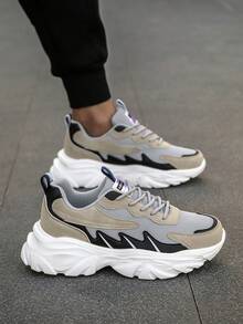 男士时尚百搭撞色系带运动鞋，户外和日常字母印花低帮厚底跑步鞋 - 卡其色 - 查看 10