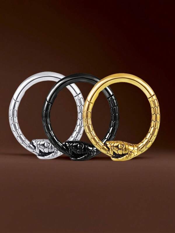 316L Stainless Steel Round Cool Snake Nose Ring, Seamless Hinged Circular Piercing Jewelry