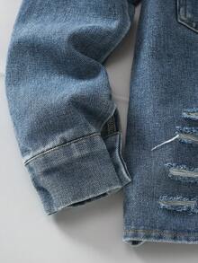 Tween Boy Distressed Pocket Long Sleeve Blue Denim Jacket - Blue - View 4