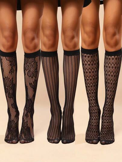 3 Pairs Women Floral Print Calf Socks, New Fashion Hollow Out High Tube Socks, Hollow Fishnet Socks