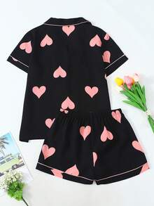 Cute Women's 2 Piece Pajama Set With Heart Print Design, Stylish And Comfortable Sleepwear For Casual And Daily Wear - màu đen - Xem 2