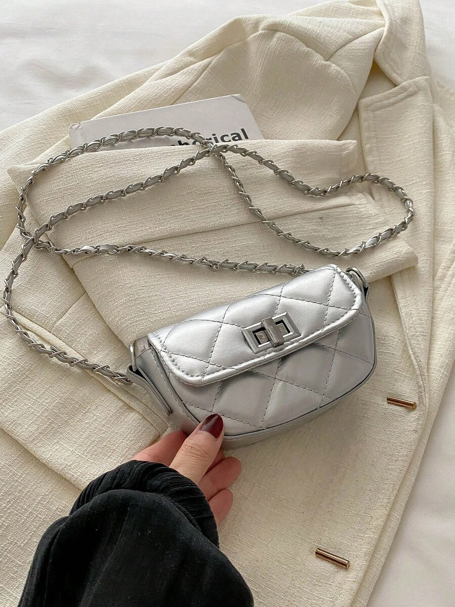 女士时尚迷你斜挎包，链条肩带翻盖锁迷你半圆形钱包 - 銀色 - 查看 1