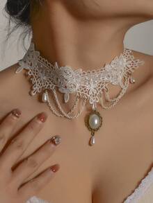 1 件复古白色蕾丝链吊坠项链，优雅短款颈链，适合女士 - 白色 - 查看 2