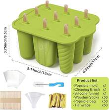 Silicone Popsicle Molds, Ice Pop Cream Mold, Popsicle Molds With Sticks, Ice Popsicle Maker- With 50 Sticks, 50 Bags, 50 Tie Wraps, Brush And Funnel (Green, 9 Cavities)