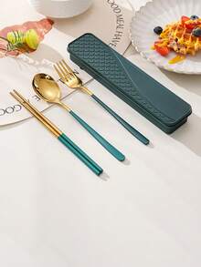 3pcs/4pcs Stainless Steel Cutlery Set, Spoon Fork Chopsticks, Student Outdoor Travel Portable Tableware With Storage Box - Multicolor - View 17