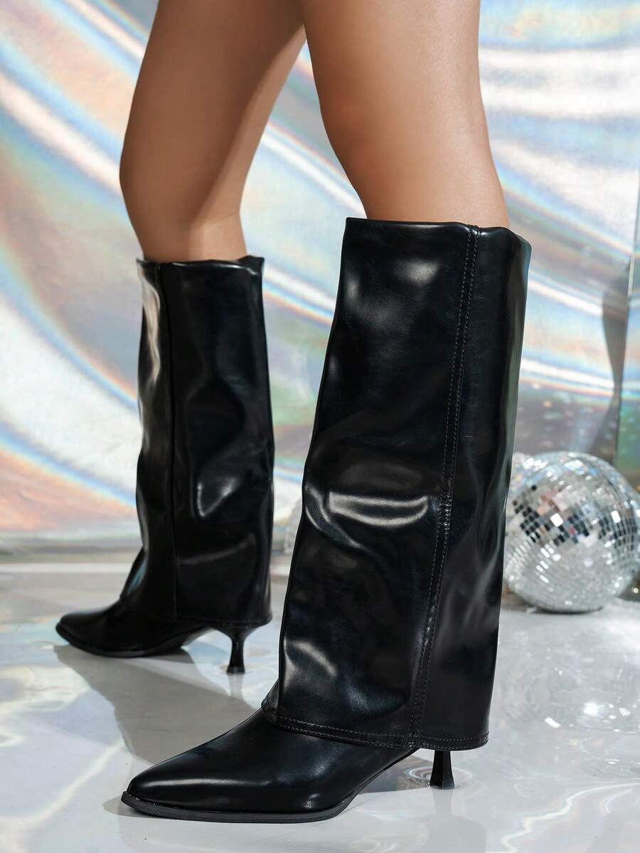 Giày bốt cao đến đầu gối, mũi nhọn gót thấp thời trang nữ, giày bốt cao đến đầu gối, giày đi xe máy mũi nhọn đa năng cho mùa thu/đông, giày cao đến đầu gối, giày Y2k