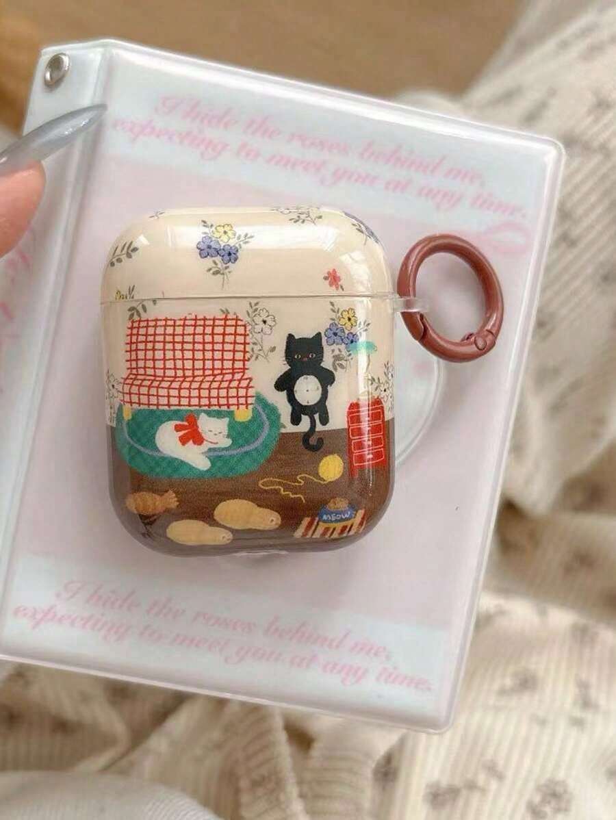 Retro Floral Cat Pattern Silicone Protective Case Compatible With Apple 3rd Generation Wireless Bluetooth Earphones - 棕色 - 查看 1