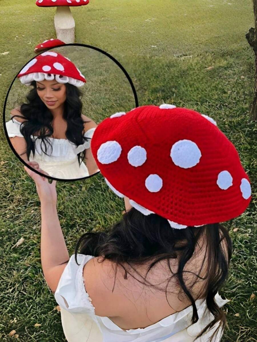 1pc Women's Handmade Crochet Mushroom Beanie Hat, Cute Little Red Riding Hood Style, Warm Knitted Cap For Autumn/Winter, Casual & Party Wear Autumn Accessories, Halloween - Red - View 1