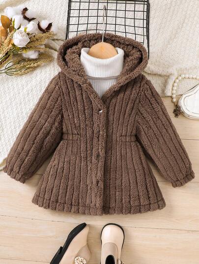 女童纯色蓬松连帽单排扣长款外套，秋冬