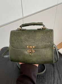 1pc Fashionable Pu Leather Embossed Handbag With Metal Lock Design, High-End Texture, Shoulder Bag Or Tote Bag - Green - View 8