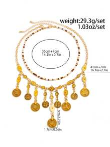 2 件复古硬币吊坠项链，异国风情串珠项链，西部牛仔风格颈链，适合女性日常、派对、节日穿着，是送给朋友和家人的绝佳礼物（附尺码表）