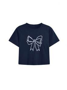 Bow Embroidery Short Sleeve T-Shirt For Women, Sexy Design, Slim Fit, Cropped, Summer Casual - Navy Blue - View 2