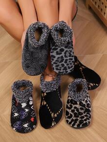 1 Pair Women's Leopard Print Plush Lined Warm Indoor Socks, Thickened Floor Socks/Slippers