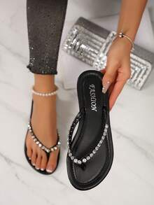 Women's Summer/Autumn Beach Sandals, Flip Flops, Flat Rhinestone Decorated Ladies Slippers - Black - View 1