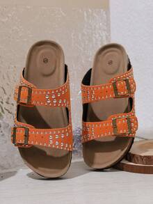 Damen Slip-On Plateau Sandalen, modisch vielseitig bequeme Nieten Strandurlaubs Schuhe