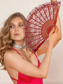 D EXCEED 1Pc Lace Large Folding Hand Fan For Women For Wedding Reception Dance Performance Church Service Party Event Evening - Multicolor - View 13