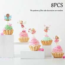 仙女纸杯蛋糕装饰、花仙子派对纸杯蛋糕装饰、仙女派对蛋糕签花园生日派对装饰品，适用于仙女派对、童话派对、花园派对、花派对、生日派对等