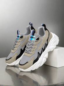 男士时尚百搭撞色系带运动鞋，户外和日常字母印花低帮厚底跑步鞋 - 卡其色 - 查看 6