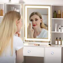 Tocador LED con espejo inteligente iluminado y taburete.  - Perfect For Organizing Makeup, Skincare, Elegant Vanity|Decorative Vanity, Vanity Furniture, Compact For Small Space, Bedroom Decor Gift, Perfect Gift For Women Girls , Ideal para regalos de Navidad y Halloween. - Blanco - Ver 5