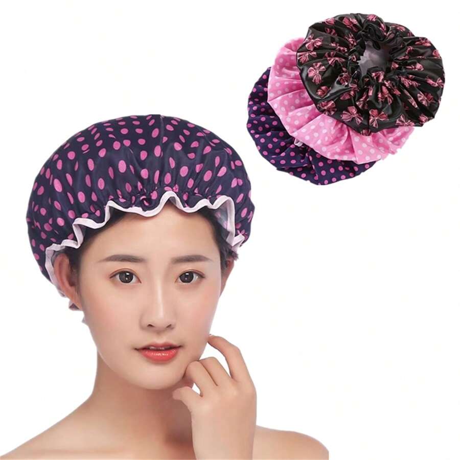 1pc High Quality Double-Layer Shower Cap With Floral And Polka Dot Print - Elegant Outer Layer And Premium Inner Lining, Fashionable Bathing Accessory For Men And Women, Suitable For Wet Environments | Elegant Shower Cap | Secure Fit Design, Shower Supplies (The Product May Have Slight Color Differences Due To Photography, Lighting, And Display, Please Refer To The Actual Item)