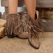 Vintage Chunky Heel Fringe Women's Ankle Boots, Suede Rivet Decor Shoe Mouth, Western Style Comfortable & Versatile - 咖色 - 查看 7