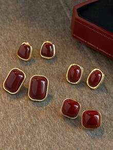 4 Pairs Retro Elegant Geometric Square Stud Earrings Set, Versatile & Fashionable Design Suitable For Women's Daily, Date, Holiday Wear - Burgundy - View 1