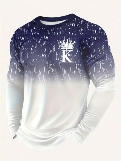 男士 3D 拼色图案印花圆领长袖 T 恤，休闲夏季 T 恤，适合日常穿着和度假，Emo